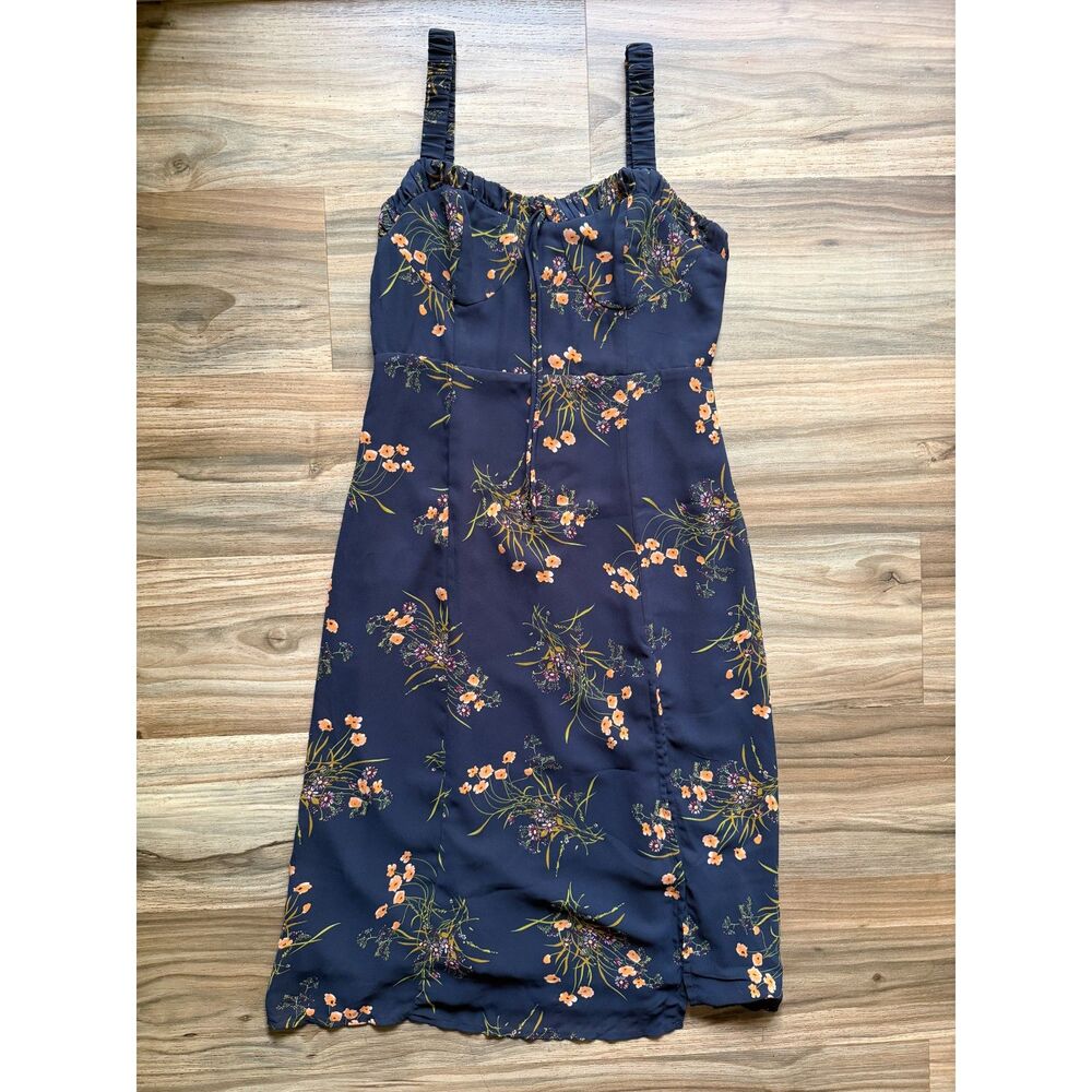 Commense Blue Floral Midi Spaghetti Strap Dress